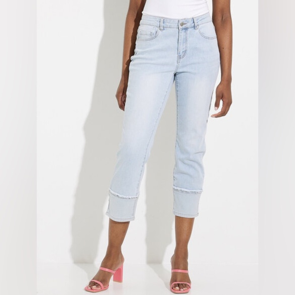 Charlie B Cropped and Cuffed Pants. Soft Fabric. Light Wash.